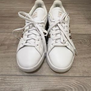 Adidas Women’s Grand Court Sneaker- cloudfoam comfort- white and tan leopard